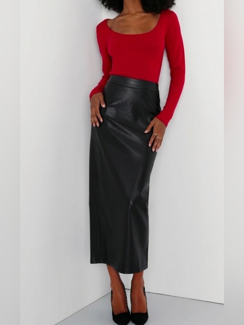 Lulus Bold Allure Black Vegan Leather High-rise Midi Skirt - Size XS - NWOT!